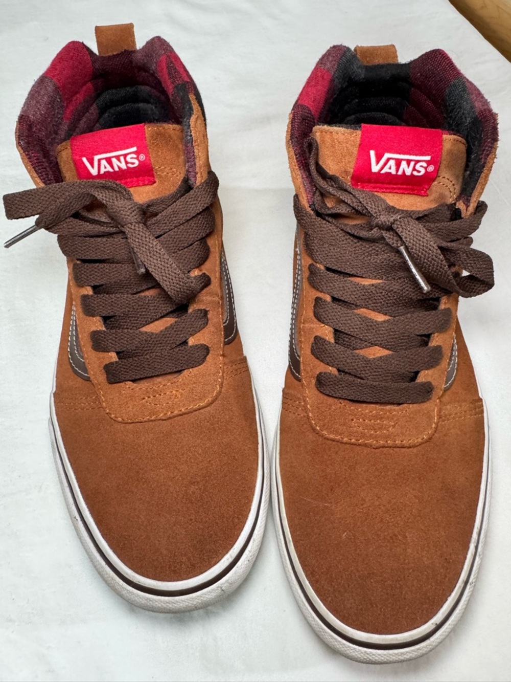Men's Size 9 VANS Sk8-hi Brown Leather And Plaid Mid Skateboard Sneakers EUC